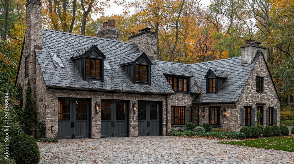 Charming stone house surrounded by autumn foliage Charming stone house surrounded by autumn foliage