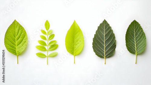 Five green leaves arranged on white background; nature, growth, spring, botany, ecology concept; ideal for website banners, educational materials