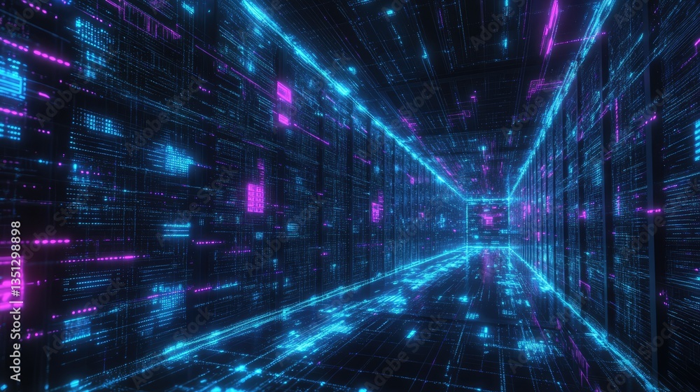 Futuristic digital corridor illuminated with neon blue and pink lights, showcasing a tech-inspired environment Futuristic digital corridor illuminated with neon blue and pink lights, showcasing a tech-inspired environment