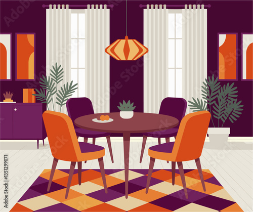 Dining room interior in retro mid century modern style.  Comfortable room with furniture, table, carpet, lamp, windows, house plants. Colorful flat vector illustration