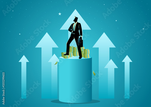 Confident businessman standing on a podium with briefcase and stacks of money, surrounded by upward arrows. Themes for career advancement, investment, entrepreneurship, success, and financial growth