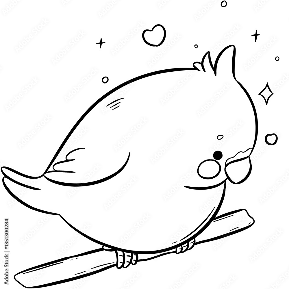 Obraz premium A Whimsical Line Art Illustration of a Chubby Cockatiel Perched on a Stick
