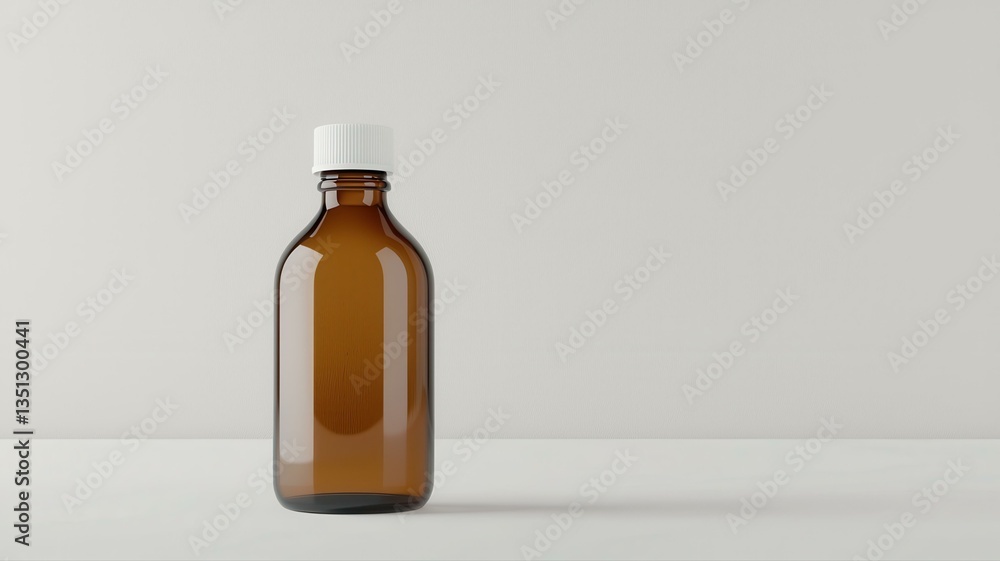 Minimalist brown glass bottle with white cap on neutral background. Perfect for product presentation. Minimalist brown glass bottle with white cap on neutral background. Perfect for product presentation.