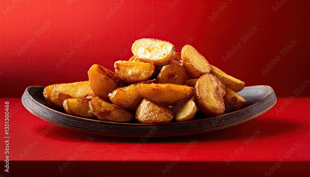 Fototapeta premium Fried potatoes on a plate on a red background 