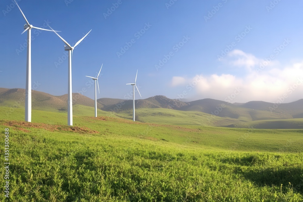 Wind turbines on a green rolling hill with a clear blue sky and vibrant clouds creating a serene landscape. Wind turbines on a green rolling hill with a clear blue sky and vibrant clouds creating a serene landscape.