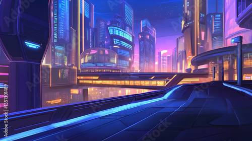Futuristic cityscape at dusk, elevated view, neon lights, flying vehicles, video game background