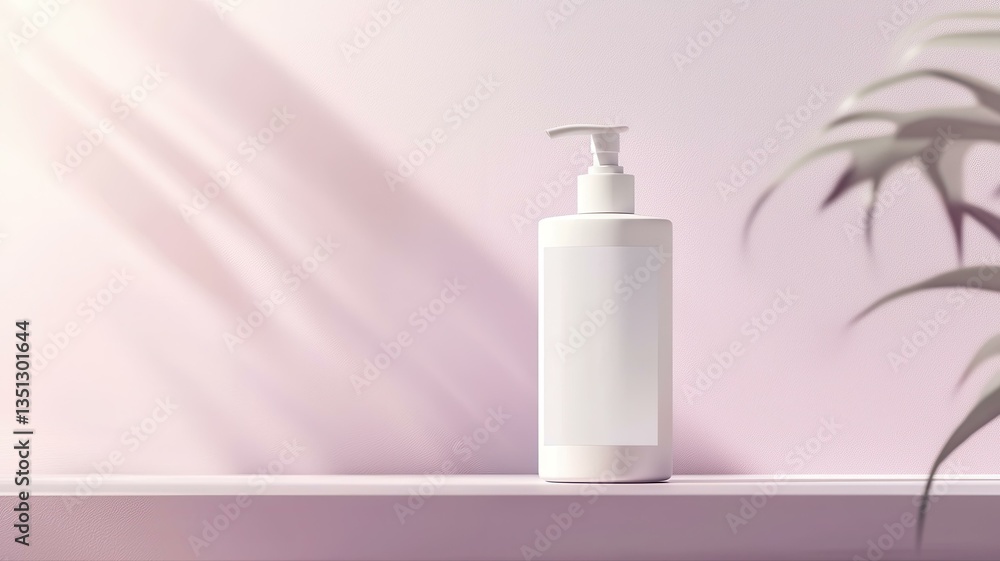 Minimalist white lotion bottle on pink background with soft shadows and plant silhouette, evoking calmness and elegance. Minimalist white lotion bottle on pink background with soft shadows and plant silhouette, evoking calmness and elegance.
