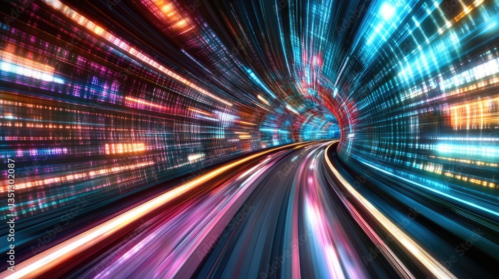 Abstract representation of a vibrant, high-speed tunnel with colorful light trails and digital patterns Abstract representation of a vibrant, high-speed tunnel with colorful light trails and digital patterns