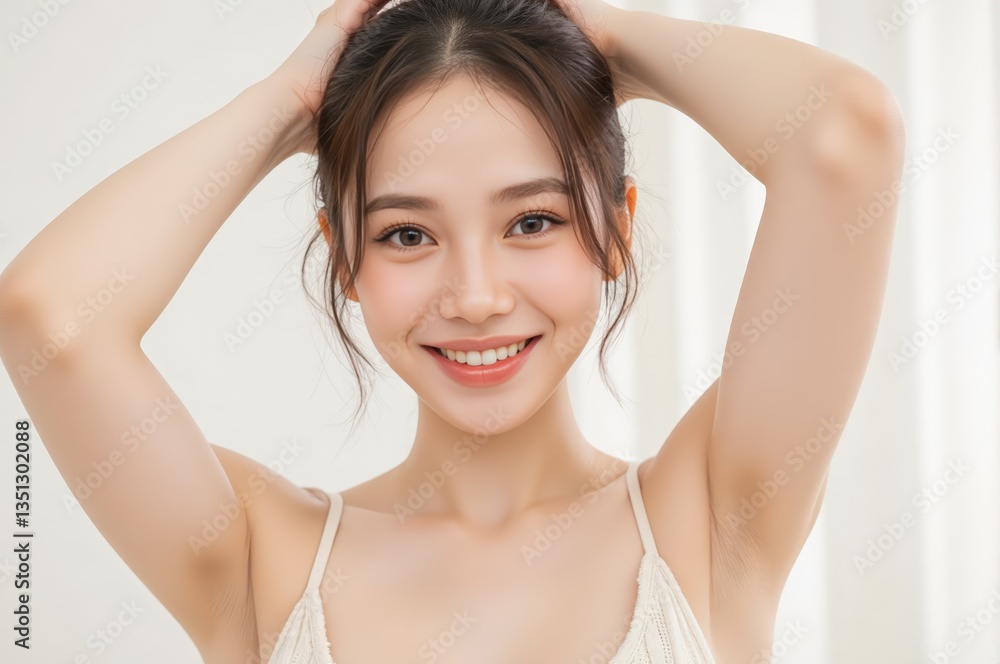 A vibrant and polished skincare campaign featuring an Asian woman with medium-length wavy hair, looking radiant while naturally displaying her smooth underarms A vibrant and polished skincare campaign featuring an Asian woman with medium-length wavy hair, looking radiant while naturally displaying her smooth underarms