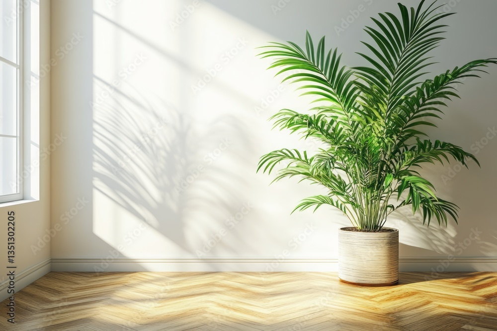 Fototapeta premium Potted areca palm graces a sunlit corner of a room