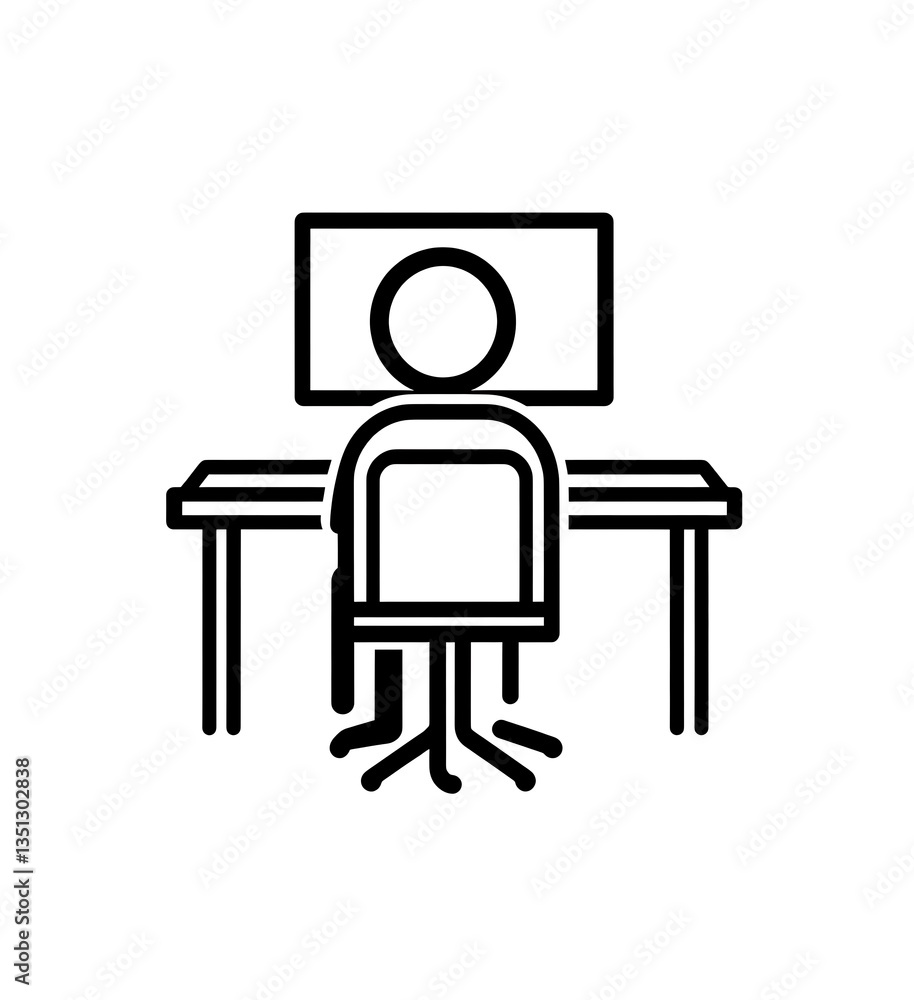 Fototapeta premium Simple line vector icon of a person sitting at a desk, working on a computer