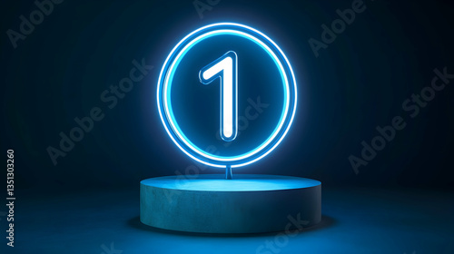 Glowing neon number one on pedestal, dark background, countdown concept, website banner