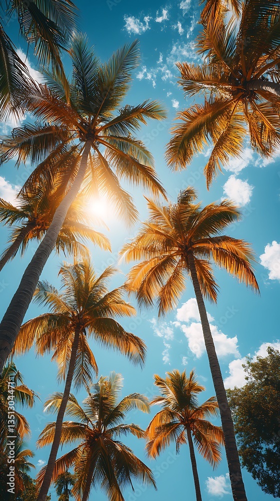Obraz premium Sunlight Through Tall Palm Trees Against a Vibrant Blue Sky