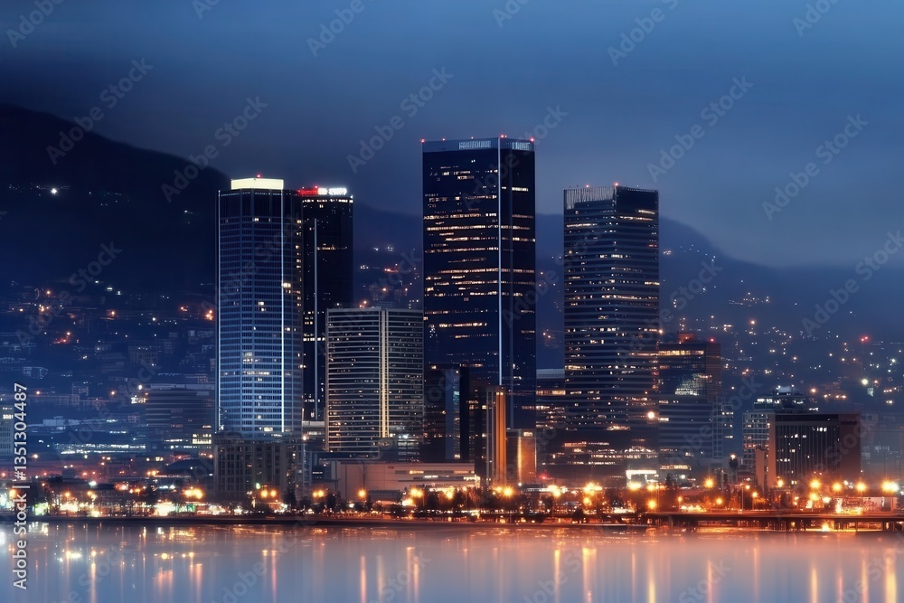 Fototapeta premium City skyline shrouded in dense smog, illustrating urban pollution and environmental challenges.