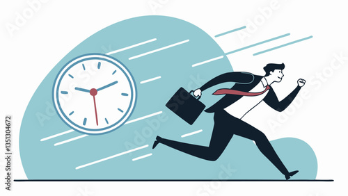 Businessman rushing with a briefcase while a large alarm clock ticks, symbolizing time management, deadline pressure, urgency, stress, and productivity in a modern flat illustration style"
