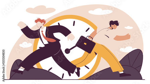 Businessman rushing with a briefcase while a large alarm clock ticks, symbolizing time management, deadline pressure, urgency, stress, and productivity in a modern flat illustration style"
