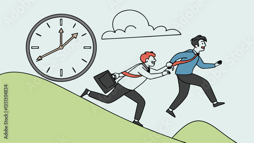 Businessman rushing with a briefcase while a large alarm clock ticks, symbolizing time management, deadline pressure, urgency, stress, and productivity in a modern flat illustration style"
