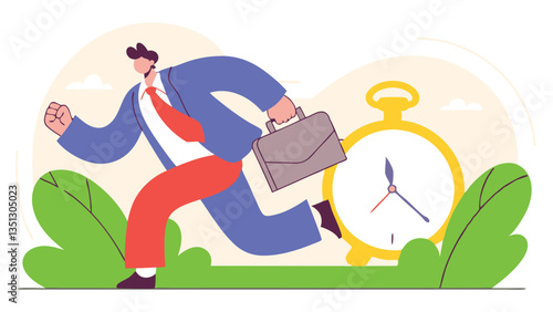 Businessman rushing with a briefcase while a large alarm clock ticks, symbolizing time management, deadline pressure, urgency, stress, and productivity in a modern flat illustration style"
