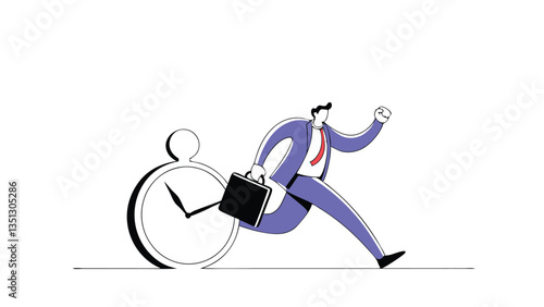 Businessman rushing with a briefcase while a large alarm clock ticks, symbolizing time management, deadline pressure, urgency, stress, and productivity in a modern flat illustration style"
