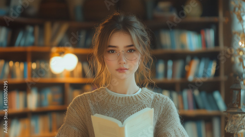 A beautiful girl with glasses is holding an open book in her hands, wearing a sweater and standing against the background of shelves filled with books. 