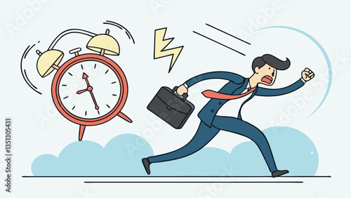 Businessman rushing with a briefcase while a large alarm clock ticks, symbolizing time management, deadline pressure, urgency, stress, and productivity in a modern flat illustration style"
