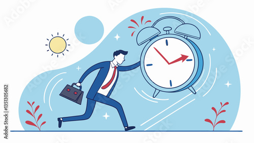 Businessman rushing with a briefcase while a large alarm clock ticks, symbolizing time management, deadline pressure, urgency, stress, and productivity in a modern flat illustration style"
