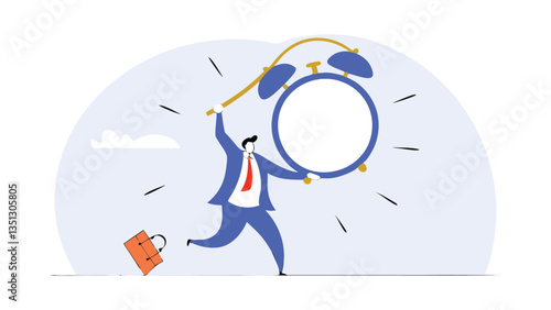Businessman rushing with a briefcase while a large alarm clock ticks, symbolizing time management, deadline pressure, urgency, stress, and productivity in a modern flat illustration style"
