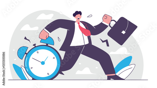 Businessman rushing with a briefcase while a large alarm clock ticks, symbolizing time management, deadline pressure, urgency, stress, and productivity in a modern flat illustration style"

