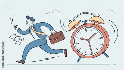 Businessman rushing with a briefcase while a large alarm clock ticks, symbolizing time management, deadline pressure, urgency, stress, and productivity in a modern flat illustration style"
