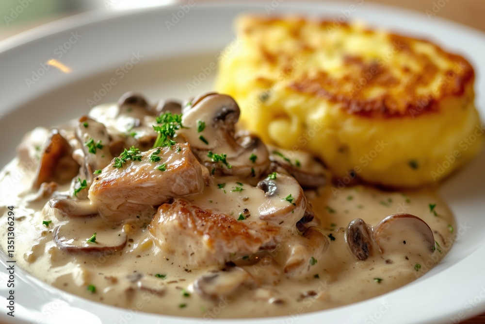 Tender veal strips with Rösti and white wine cream sauce on porcelain Tender veal strips with Rösti and white wine cream sauce on porcelain