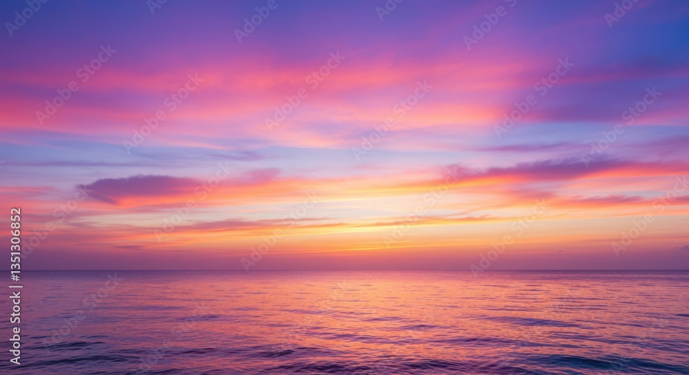 Vibrant sunset with colorful clouds over calm ocean horizon Vibrant sunset with colorful clouds over calm ocean horizon
