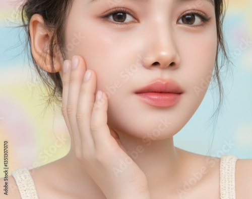 Wallpaper Mural Detailed shot of a woman’s cheek with a natural blush effect, glowing under soft light. Gentle smile, relaxed expression. Taken from a lower angle to enhance contours Torontodigital.ca