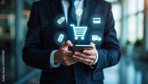 Wallpaper Mural Businessperson Using Smartphone with Futuristic Cloud Data Icons – Modern Office Technology Concept Torontodigital.ca