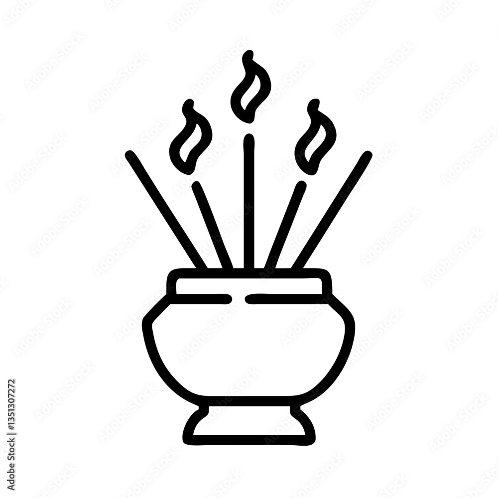 Simple Black and White Icon of Burning Incense Sticks in a Pot Simple Black and White Icon of Burning Incense Sticks in a Pot