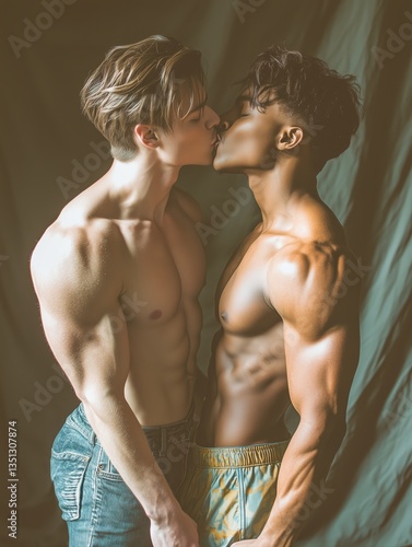 Interracial Gay Couple Sharing a Passionate Kiss in Soft Light While Shirtless Against Fabric Backdrop Symbolizing Love and Equality