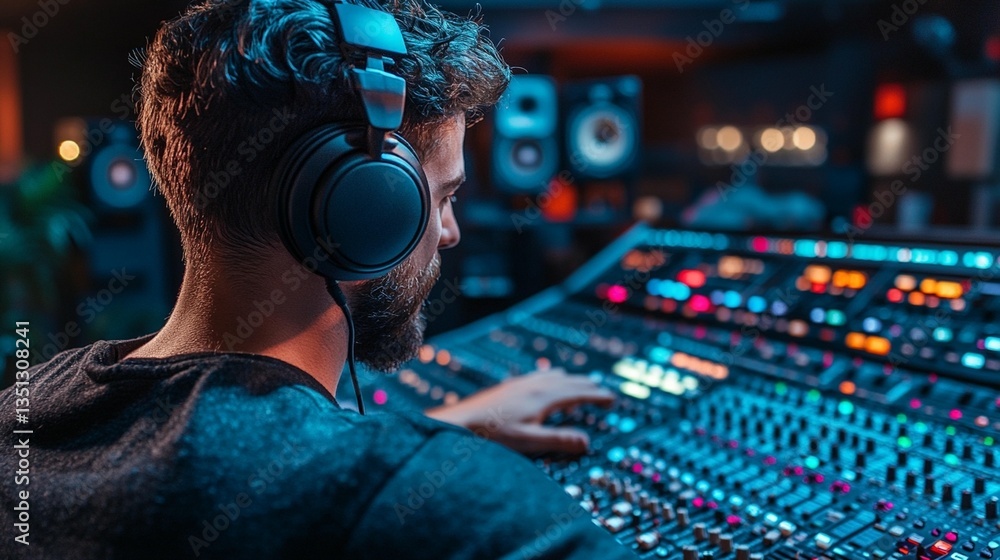 A male audio engineer works on a mixing console in a recording studio. A male audio engineer works on a mixing console in a recording studio.