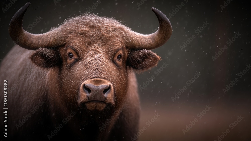 Close-up of a brown, large water buffalo, with a determined gaze. Its large horns and wet fur are prominent features. The blurred background suggests a natural, woodland setting Close-up of a brown, large water buffalo, with a determined gaze. Its large horns and wet fur are prominent features. The blurred background suggests a natural, woodland setting