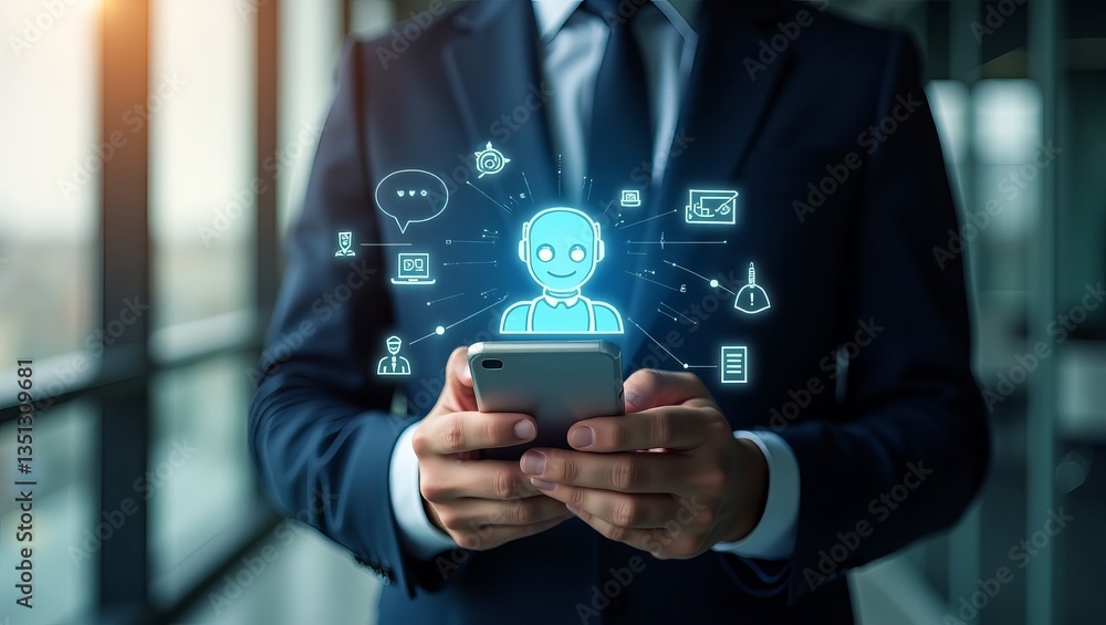 custom made wallpaper toronto digitalBusinessperson Using Smartphone with Futuristic Cloud Data Icons – Modern Office Technology Concept