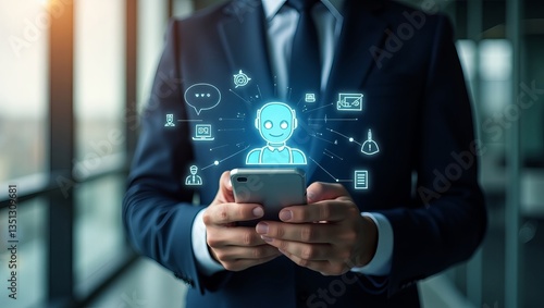 Wallpaper Mural Businessperson Using Smartphone with Futuristic Cloud Data Icons – Modern Office Technology Concept Torontodigital.ca