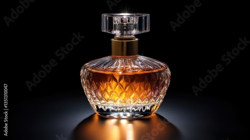 Elegant crystal bottle with amber liquid. Ornate glass decanter shines in the dark. Refined container with decorative stopper reflects light on dark surface.