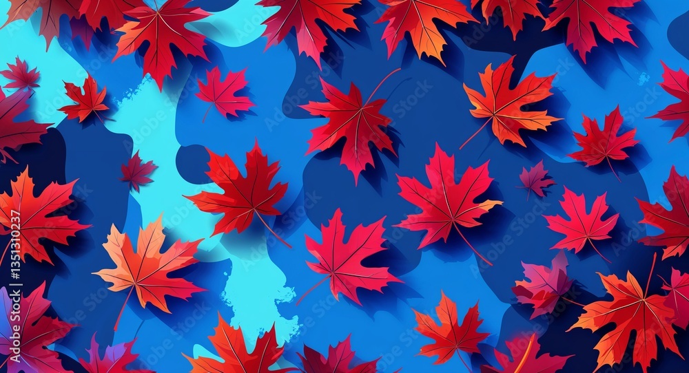 Crimson maple leaves scattered on vibrant abstract blue background Crimson maple leaves scattered on vibrant abstract blue background