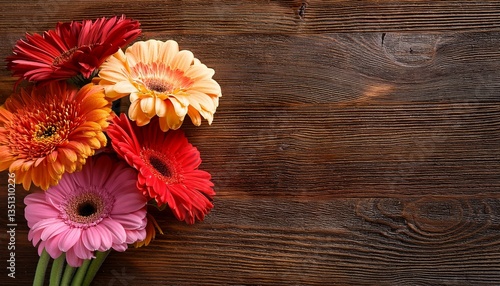 lovely bouquet with gerbera flowers on timber historical past