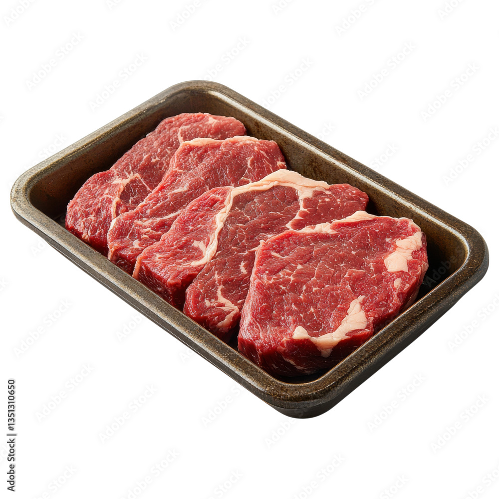 Fresh beef steaks displayed on tray, showcasing rich red color and marbling, perfect for grilling or cooking Fresh beef steaks displayed on tray, showcasing rich red color and marbling, perfect for grilling or cooking