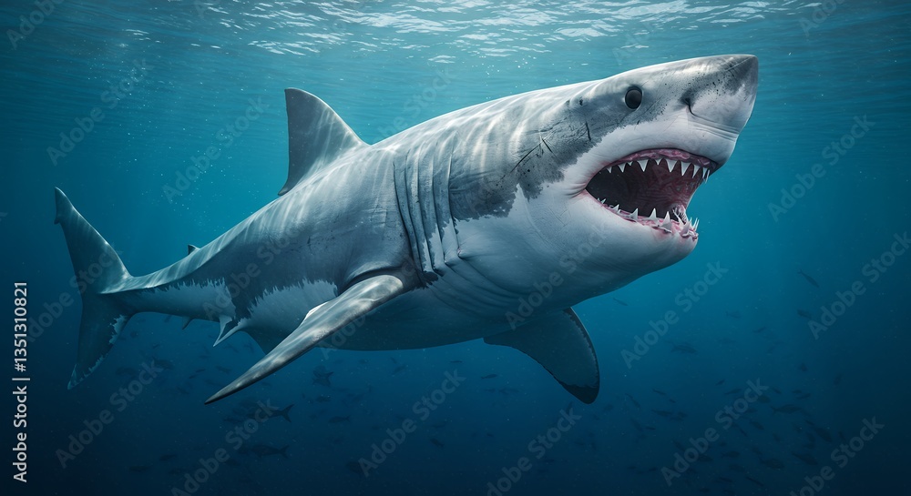 Obraz premium Great White Shark Swimming Underwater with Open Mouth