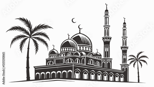 AdobIslamic Mosque with Minarets and Palm Trees – Black and White Vector Illustration