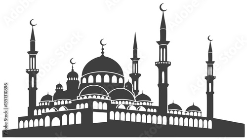 AdobIslamic Mosque with Minarets and Palm Trees – Black and White Vector Illustration
