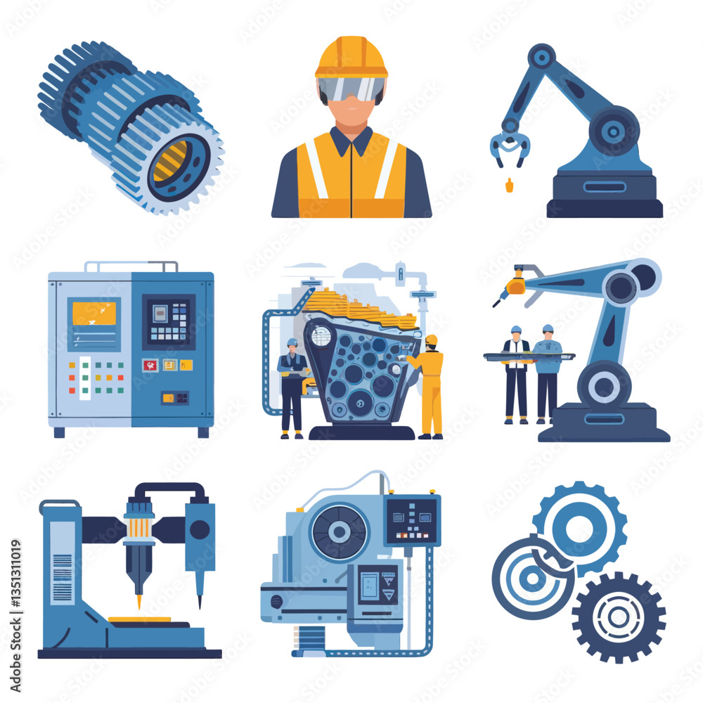 Fototapeta premium 2d vector illustration colorful machine , worker and Industry and its development technology, factories and production lines icon 