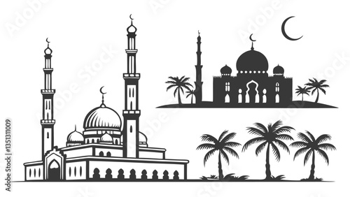 AdobIslamic Mosque with Minarets and Palm Trees – Black and White Vector Illustration