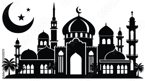 AdobIslamic Mosque with Minarets and Palm Trees – Black and White Vector Illustration