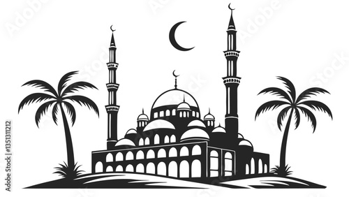 AdobIslamic Mosque with Minarets and Palm Trees – Black and White Vector Illustration